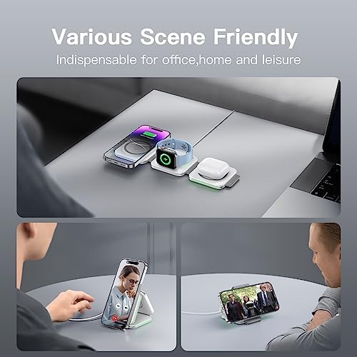 Magnetic 3-in-1 Travel Charging Station for Apple Devices – Ultra-Fast Wireless Charger for i Phone 16/15/14/13/12/Pro/Max/Mini, Air Pods Pro/Wireless, and Apple Watch Series Ultra/SE/10/9/8/7/6/5/4/3/2 – Compact Foldable Design for Ultimate Portability and Compatibility, Ideal for Busy Professionals and Travelers Seeking Efficiency and Style