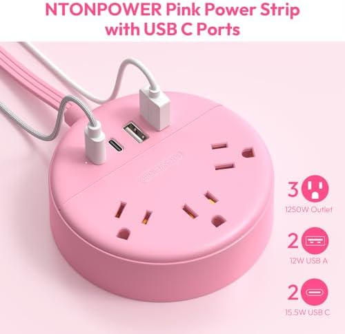 Chic NTONPOWER Pink Power Strip with 5 ft Flat Extension Cord – 3 AC Outlets, 2 USB-C, 2 USB-A Ports – Wall Mountable & Space-Saving Design for Home, Dorm & Travel – Enhanced Charging Compatibility for Stylish Electronics Management