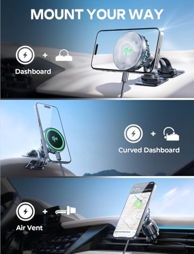 LISEN 15 W Qi2 Mag Safe Car Mount Charger for i Phone 16 Series – Fast Wireless Charging with 18℉ Rapid Cooling Technology, Versatile Vent & Dashboard Holder, Includes Efficient Car Charger – Enhance Your Driving Experience with Premium Compatibility and Safety