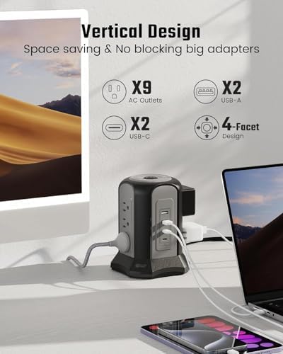 Maximize Your Charging Efficiency with the SUPERDANNY Power Strip Tower Surge Protector – 9 Outlets & 4 USB Ports, 10 Ft Extension Cord, 1080 Joules Surge Protection, Grounded Safety Design for Home and Office Use – Stylish Black Desktop Charging Station for Clutter-Free Solutions