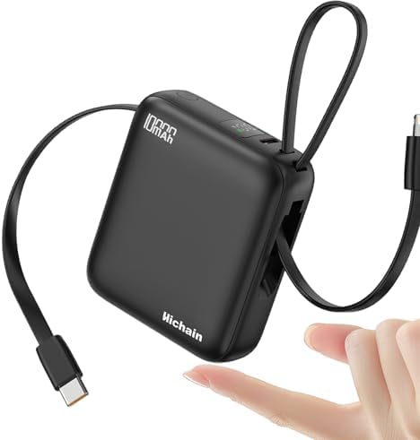 Sleek Gold Portable Power Bank with Built-in Cables and LED Battery Indicator – 10,000 m Ah USB-C Fast Charging Power Pack for i Phone, i Pad, Samsung, and Android Devices – Essential Travel Charger with Intelligent Safety Technology for Ultimate On-the-Go Convenience