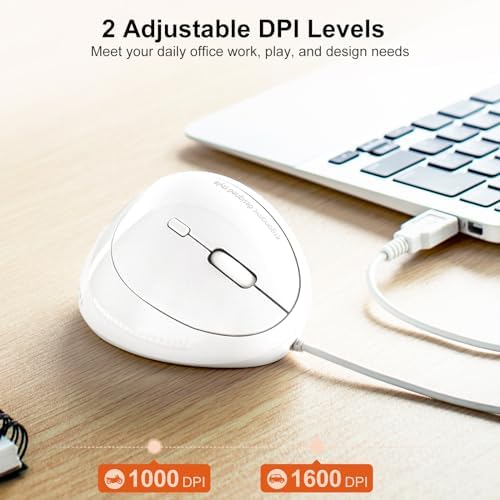 SANWA Ergonomic Vertical Mouse for Small Hands – Wired Optical Design, 1000/1600 DPI, 6 Customizable Buttons, Reduces Wrist Strain, Compatible with Mac, PC, Laptop, & Desktop, Elegant White Finish for Enhanced Productivity and Comfort