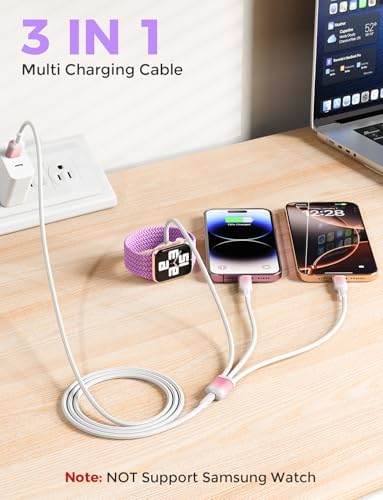 Chic Purple 3-in-1 USB Charging Cable for Women – 4 FT Multi-Device Charger for i Phone 14, 15, 16 & Apple Watch Ultra/SE/10-1 | Stylish Travel Essential Perfect for Tech Lovers and Thoughtful Gifting