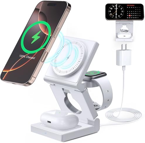Ultimate 3 in 1 Wireless Charging Station for Apple Devices – Portable Foldable Magnetic Charger Dock with 18 W Fast Charging Pad for i Phone 16/15/14/13/12 Pro/Pro Max/Plus, Apple Watch & All Air Pods – Enhanced Compatibility and Travel-Ready Design