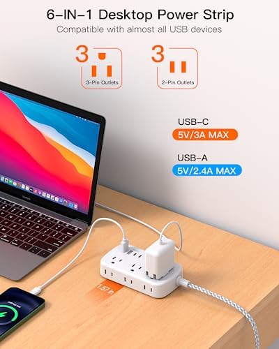 BESHON 5 FT Flat Plug Power Strip with 6 Outlets and 4 USB Ports – Ideal Travel Companion for Dorm Rooms and Cruise Ships, Space-Saving Design for Enhanced Accessibility and Fast Charging