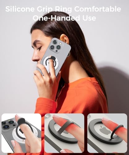 Revolutionary Mag Safe Phone Grip with 360° Rotating Kickstand – Premium Silicone Finger Ring for Secure Handling & Versatile Viewing – Innovative Damping Hinge Design for Gym, Workouts, and Video Calls – Universal Compatibility with All Phones (Black) – Elevate Your Mobile Experience
