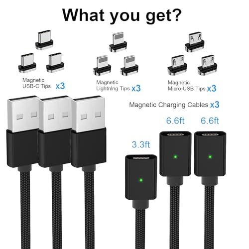 Revolutionize Your Charging Experience with the 3-in-1 Magnetic Charging Cable Set – Fast 3 A Power Delivery, Nylon Braided Durability, and LED Indicator (3 Pack: 3.3 ft, 6.6 ft, 6.6 ft) for USB-C and Micro-USB Devices – Versatile Connectivity and Effortless Use