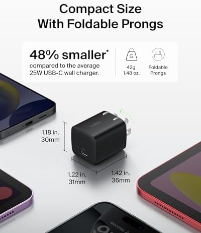 Belkin 25 W Dual USB-C Charger Block with Premium Cable – Ultra-Fast PD3.0 & PPS Charging for i Phone 16, Galaxy S25, Google Pixel 9 & More – Compact Wall Adapter for Ultimate Portability and Device Compatibility