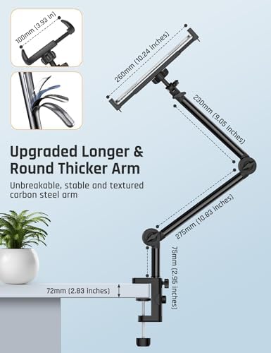Versatile Overhead Tablet and Phone Mount with Dual Clamp – Adjustable Stand for Hands-Free Use of i Pad Pro, Mini, Air, i Phone 15 Pro & Other 3.5″-12.9″ Devices – Enhanced Stability, 360-Degree Rotation, Perfect for Home, Office, or Travel