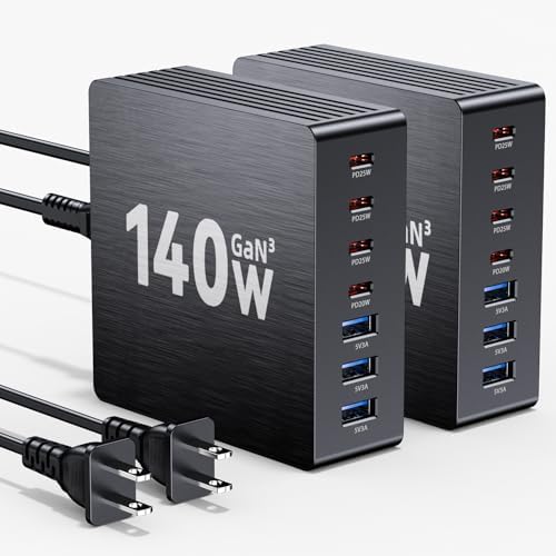140 W Ga N III USB-C Fast Charging Station – 7-Port Multi-Device Hub with PD 3.0 Technology for Rapid Laptop, Tablet, and Smartphone Charging – Ideal Portable Power Strip for Home, Travel, and Office Use