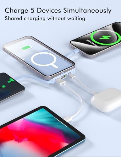 Magnetic Power Bank for i Phone – 10000 m Ah Portable Battery Pack with Dual USB-C Cables, 22.5 W PD Fast Charging, LED Display, and Enhanced Magnetic Attachment for i Phone 16/15/14/13/12 Series – Lightweight Design for On-the-Go Charging and Superior Safety Features
