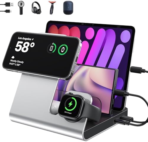 5-in-1 Mag-Safe Wireless Charging Station for i Phone – Fast Charger Stand for i Phone 16/15/14/13/12 Pro Max, Apple Watch & Air Pods Pro – Sleek Silver Design for Enhanced Compatibility and Rapid Charging Efficiency