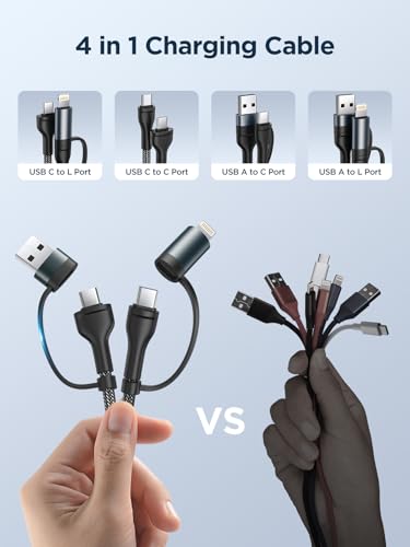 Universal 4-in-1 Multi-Device Charging Cable [2-Pack, 6.6 FT] – 60 W Fast Charging Nylon Braided Lightning & USB-C Cords for i Phone, i Pad, Samsung Galaxy, Mac Book & More – Durable & Tangle-Free Solution for Efficient Powering