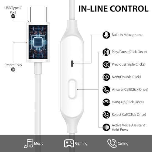 AFGHOA USB C Earbuds: Hi-Fi Stereo Wired Headphones with Noise Cancelling Technology for i Phone 16 e/16/15 Pro Max Plus & Samsung Galaxy S25/S24 – Ergonomic Design with Built-in Microphone for Enhanced Call Clarity and Immersive Sound Quality – Ideal for i Pad 11 th & 10 th Gen – Durable, Everyday Use, and Seamless Compatibility