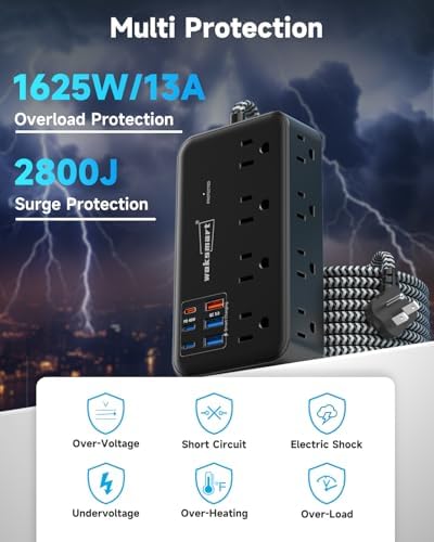 Maximize Your Charging Efficiency with the 2800 Joules Surge Protector Power Strip – 8 AC Outlets & 6 Fast-Charging USB Ports (4.8 A/24 W) for i Phone 15, 5 ft Flat Extension Cord & Wall Mount Design – Perfect for Home, Office & Travel Needs