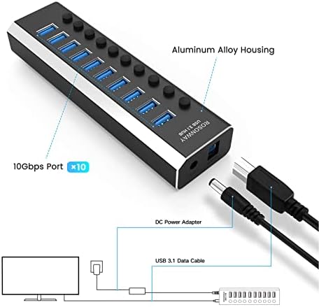 Maximize Your Connectivity with the Rosonway 10-Port Powered USB Hub – Fast 10 Gbps Data Transfer, 36 W Power Adapter, Type A & C Compatibility, Sleek Aluminum Design for PC & Laptop Efficiency