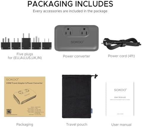 SOKOO 230 W Universal Voltage Converter & Travel Adapter – Transform 100-220 V to 110 V for Global Compatibility in 150+ Countries with Quick Charge 3.0 USB Ports – Essential Power Solution for International Travelers, Ideal for EU, UK, AU, US & India – Compact, Lightweight & Safety-Enhanced Design for Effortless Device Charging on the Go