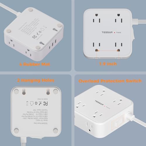 TESSAN Power Strip Tower Surge Protector: 8 AC Outlets & 3 USB Ports (1 USB-C) with 900 Joules Protection, 5 FT Flat Plug Extension Cord – Ultimate Desk Charging Station for Home Office and Dorm Room Efficiency