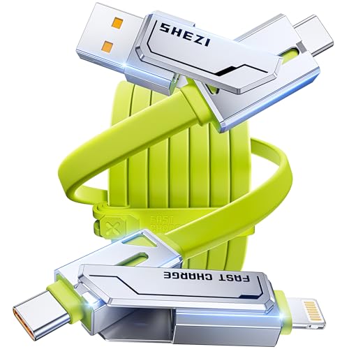 SHEZI 4-in-1 USB C Charging Cable | 240 W Fast Charging Solution for i Phone 16/15 & More | 5 FT Durable Flat Silicone Cord with Lightning, USB-C, USB-A Connectors | Versatile Multi-Device Charger for Home, Office & Travel | Enhanced Compatibility & Speed