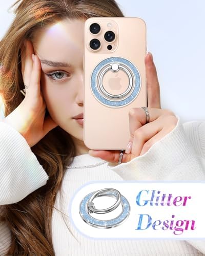 Glamorous Blue Glitter Mag Safe Phone Ring Holder – Stylish Magnetic Grip for i Phone 16, 15, 14, 13 Pro Max & Plus – Secure Finger Stand for Enhanced Control and Protection – Effortless Attachment and Detachment for Fashion-Forward Users