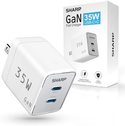 Optimize Your Charging Routine with the Sharp 35 W Dual USB-C Charger – Compact Ga N Fast Charging Adapter for i Phone 15, i Pad Pro, and More – Foldable, Portable Design for Effortless Charging Anywhere – Versatile Compatibility for All Your Essential Devices