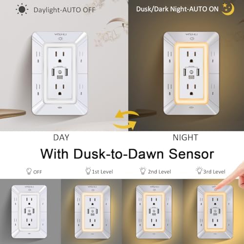 YISHU 3-Sided Surge Protector Power Strip – 6 Outlet Extender with 3 Fast-Charging USB Ports (1 USB-C) and Integrated Night Light – ETL Listed for Superior Safety and Compatibility – Ideal for Home and Office Use – Compact Design for Efficient Space Utilization