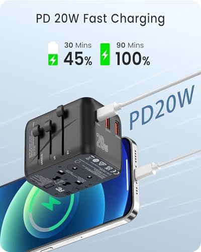 LENCENT 20 W Fast Charging Universal Travel Adapter – Compact International Power Converter with Dual USB and USB Type-C Ports – Ultimate Solution for Worldwide Device Charging in USA, UK, EU, and AUS (Black) – Reliable and Safe Charging for Global Explorers