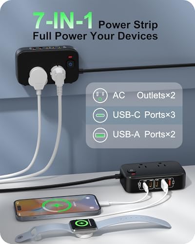 Ultimate 7-in-1 Power Strip with 65 W Ga N Technology | Flat Plug Design for Space-Saving | 3 USB-C & 2 USB-A Ports for Rapid Charging | 2500 W AC Outlet for Home, Office, College & Travel | Versatile Surge Protector for All Devices