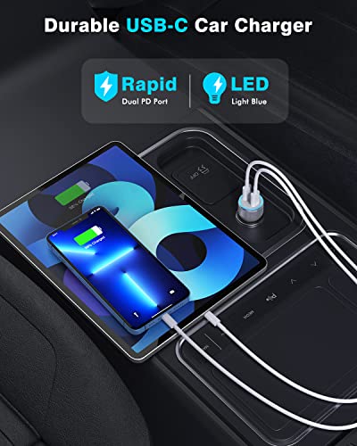 Effortless Power on the Go: 40 W Dual USB-C Fast Car Charger for i Phone with 2 Lightning Cables – Rapid Charging for i Phone 14/13/12/11 Pro Max and i Pads, Enhanced Compatibility, and Built-in Safety Features for Ultimate Device Protection