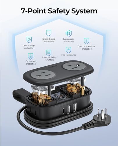 Compact Travel Power Strip by ORICO – 4 AC Outlets & 3 USB Ports (1 USB-C) with 4 FT Flexible Cord – Cruise Approved Portable Charging Station for Hotels and Adventure Trips – Ultimate Solution for Modern Travelers