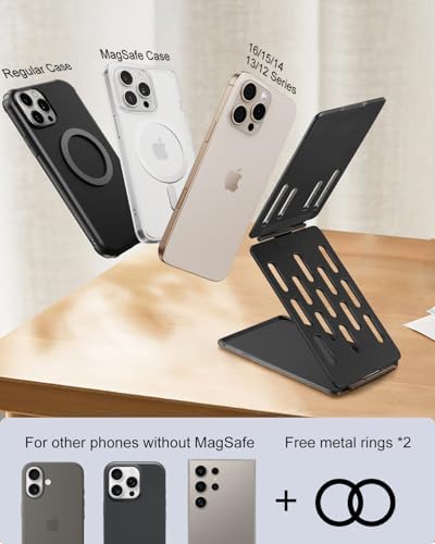 Magnetic Tri-Fold Cell Phone Stand for Desk, Adjustable Metal Phone Holder for Magsafe, Portable & Foldable Card Phone Mount for Recording, Office Small Stand for iPhone 16/15/14/13/12(Black) – Enhanced Compatibility and Speed
