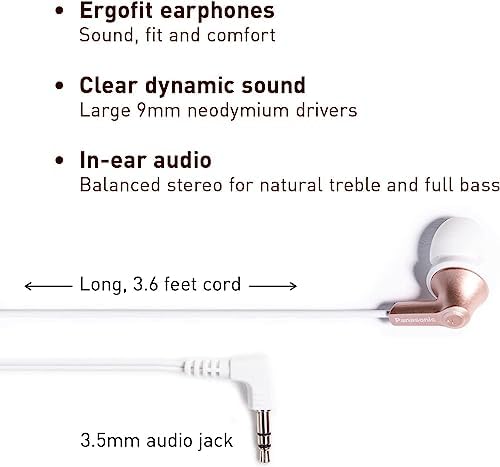 Panasonic Ergo Fit Wired Earbuds with Microphone – Superior Sound Quality with Ergonomic Comfort, Universal 3.5 mm Jack Earphones for Phones and Laptops in Stylish Metallic Purple – Custom-Fit Earpieces (S/M/L) for Optimal Audio Experience and Hands-Free Calls – RP-TCM125-VA