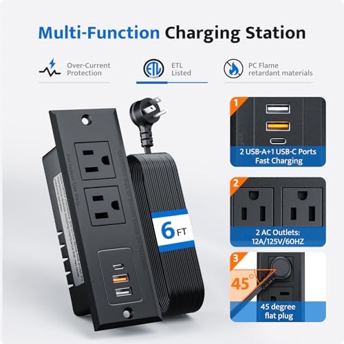 DOACE Space-Saving Recessed Power Strip with USB-C Fast Charging – Dual AC Outlets & Three USB Ports, 6 ft Cord for Effortless Connectivity in Home & Conference Settings – Clutter-Free, Efficient Power Solution for Modern Workspaces