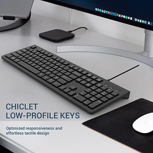 Upgrade Your Typing Experience with the Spill-Resistant USB Wired Keyboard – Low Profile Chiclet Keys, Large Number Pad, and Ergonomic Design for Enhanced Comfort and Speed – Perfect for Professionals and Home Users (Black)