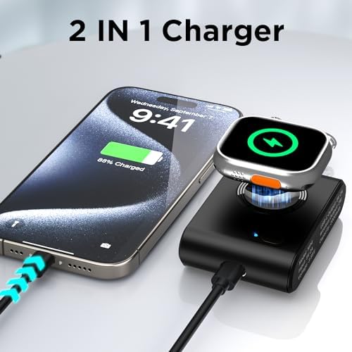 Compact Keychain Magnetic i Watch Charger Duo – Portable 2000 m Ah Power Bank for Apple Watch Series 1-9, SE, Ultra & Ultra 2 – Stylish Black & Pink Design for On-the-Go Charging Efficiency
