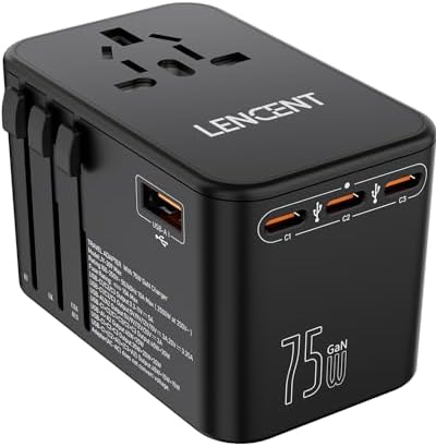 LENCENT 70 W Universal Travel Adapter – High-Efficiency Ga N Fast Charger with Triple PD3.0 Type-C Ports & Dual QC USB-A Outlets for Global Power Needs – Compact Power Converter Compatible with EU, USA, UK, AU Devices – Perfect for Laptops, Phones & Tablets on the Go