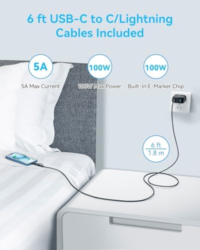 MINLU 65 W Ga N 3-Port USB-C Wall Charger with 100 W 2-in-1 Cable – Rapid Multi-Device Charging for Mac Book Pro/Air, i Phone 16/15, Galaxy S24 Ultra & More – Compact, Travel-Optimized Design for High-Efficiency Power Delivery – Ultimate Charging Solution for Home, Office, and On-the-Go