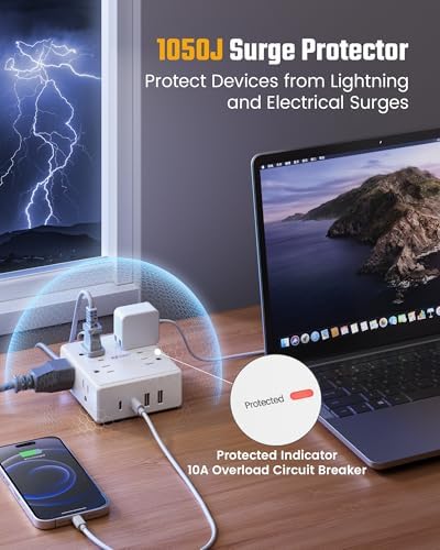 15 Ft Surge Protector Power Strip with 8 Outlets & 4 USB Ports – Wall Mountable Flat Plug Charging Station for Home, Office, and Dorm Room – High-Speed USB-C Compatible Extension Cord for Ultimate Device Connectivity and Safety