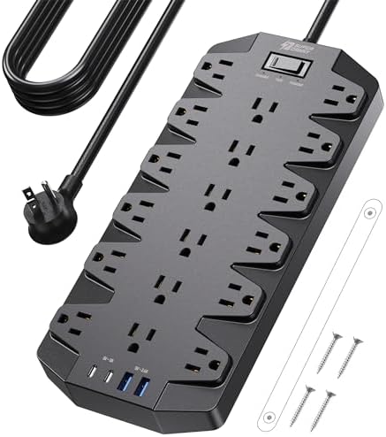Maximize Your Power Efficiency with SUPERDANNY 18-Outlet Surge Protector Power Strip – 4 USB Charging Ports, 1875 W/15 A, 2100 J Surge Protection, 6.5 FT Heavy-Duty Flat Plug Extension Cord for Home, Office, Gaming, and Dorm Use – Versatile Wall Mount Design for Unmatched Convenience and Safety