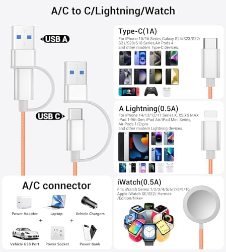 Temdan 3-in-2 USB C Charging Cable: Versatile Multi-Device Charger for Apple Watch Ultra, SE & i Phone 12-16 – Rapid Charge, Compact Travel Essential – Stylish Pink Smartwatch Accessory for On-the-Go Power Solutions