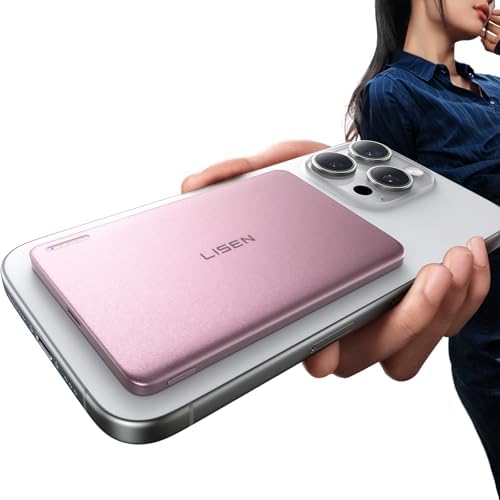 LISEN Card Mag 0.3″ Mag Safe Portable Charger for i Phone – 5,000 m Ah Magnetic Wireless Power Bank with Fast Charging – Sleek Pink Design for i Phone 16 Pro Max/15/14/13/12 – Ultimate On-the-Go Charging Solution