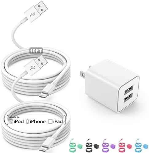 Ultra-Fast Dual Port USB Wall Charger with 10-Foot Lightning Cable – Apple MFi Certified i Phone Charging Solution, Perfect for i Phone 12/11/XR/Xs/8/7/6/SE/i Pad – Compact & Efficient Power Delivery for Home and Travel