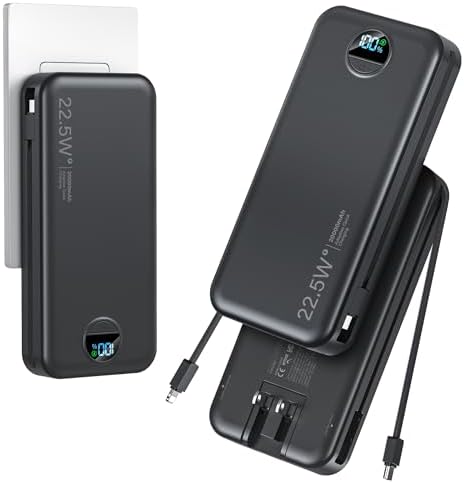 Ultra-Portable 20000 m Ah Power Bank with Built-In Cables & AC Plug | PD 20 W Fast Charging for i Phone, Samsung, Android | LED Display Travel Charger – Charge Multiple Devices Seamlessly and Stay Powered On-the-Go