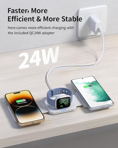 Joy Geek 3-in-1 Foldable Mag Safe Wireless Charging Station for i Phone 15/14/13/12 Pro Max Plus, Air Pods Pro/2/3 & Apple Watch 9-2/SE – Fast, Portable & Sleek Design for Ultimate Device Compatibility and Efficiency