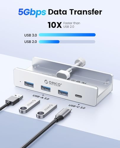 Transform Your Workspace with the ORICO USB Hub 3.0: Premium 4-Port Aluminum Clamp Adapter with Dedicated Power Supply for USB-A & USB-C Devices – High-Speed Data Transfer & Unmatched Compatibility for Enhanced Productivity