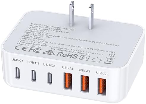 100 W Multiport USB-C Wall Charger Block – Fast Charging Station with 6 Ports for i Phone, Samsung, and More – Compact PD & QC Technology for Ultimate Device Compatibility and Speed – Ideal Travel Solution & Home Hub