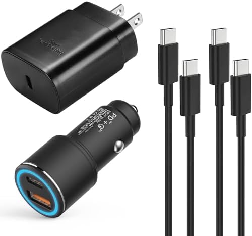 Samsung 25 W Super Fast Charger Type C Kit – Ultimate USB C Wall & Car Charging Solution for Galaxy S25/S24/S23/S22/Plus/Ultra/FE/Note 20/10/A71 with 2 Durable 6.6 ft Cables for Rapid Power Delivery and Versatile Compatibility