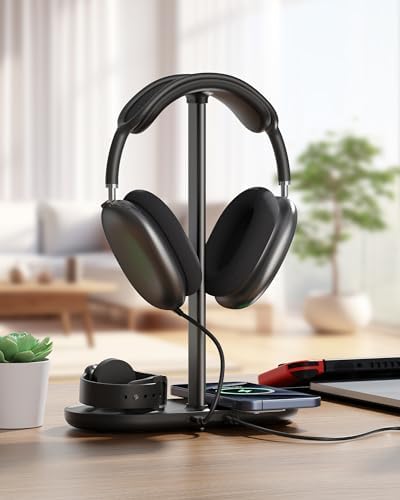 Transform Your Gaming Experience with the Hi We 3-in-1 Premium Headphone Stand & Wireless Charging Dock – Universal Desktop Organizer for Headphones, Air Pods, and Smartwatches – Durable Aluminum Alloy with Elegant Leather Pad and Stable ABS Base – Quick Charge Functionality for All Your Essential Devices