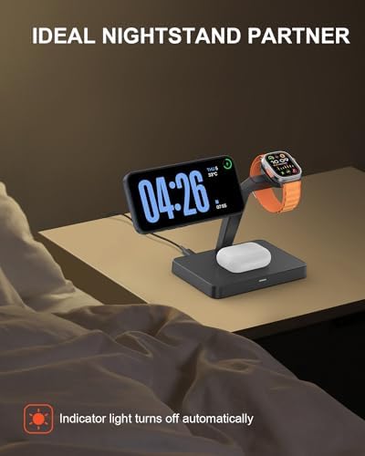 Maximize Your Charging Efficiency with GEEKERA 3-in-1 Magnetic Wireless Charging Station – Rapid Power Dock for i Phone 16/15/14/13/12 Pro Max, Apple Watch Series 9/8/7/6/SE/5/4/3/2, and Air Pods 3/2/Pro – Sleek, Space-Saving Design, Effortless Magnetic Alignment, and Enhanced Compatibility for Ultimate Convenience