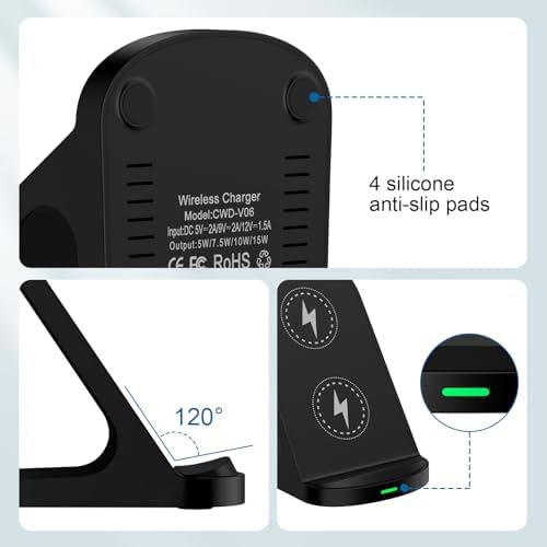 Samsung Fast Wireless Charger Stand – 15 W High-Speed Charging Dock for Galaxy S25/S24/S23, Google Pixel 9/9 Pro, i Phone 16 – Dual Coil Design for Optimal Charging – Safe & Case-Friendly Charging Station for Desk or Nightstand – Supports Vertical/Horizontally Viewing – Enhanced Compatibility for Multiple Devices – Quick and Convenient Charging Experience